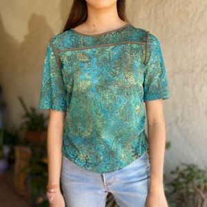 Vintage Blue Green Micro Mesh Short Sleeve Top